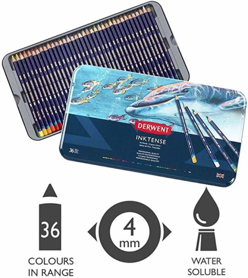 Derwent Inktense Colored Pencils, Metal Tin, 36 Count