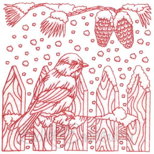 Chickadee with Snow 4 Redwork